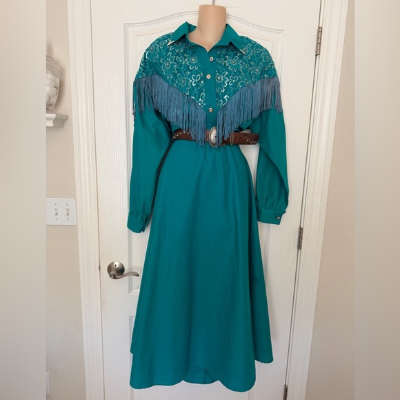 VTG 80s Lilia Guilty Smitty Smith Teal Green Fringed Western Cowgirl Maxi Dress - Picture 2 of 13